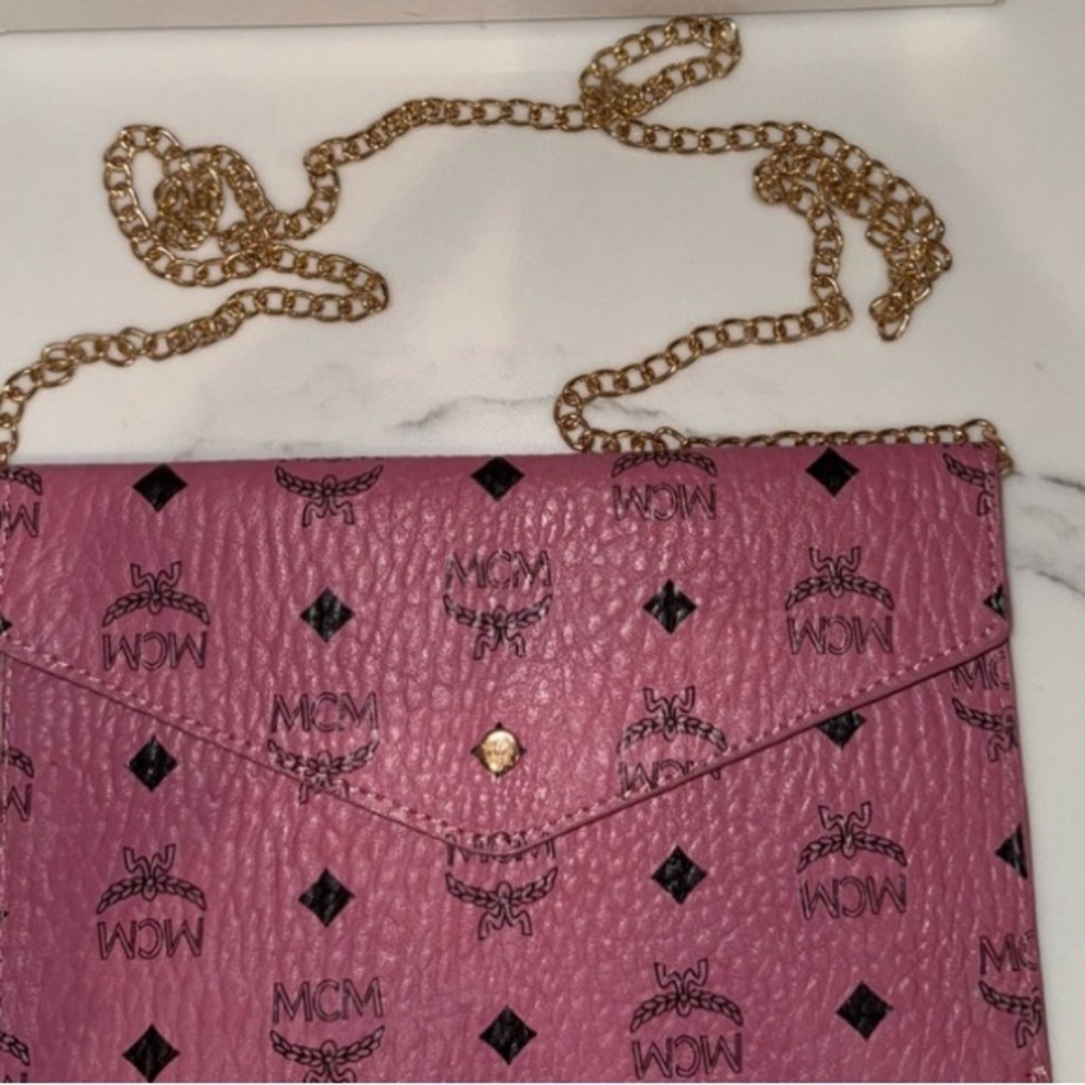 MCM Rose Clutch with Gold Chain